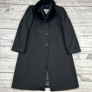 VTG Marvin Richards Lambswool Trench Coat Size 12 Black Fur Trim Button Peacoat